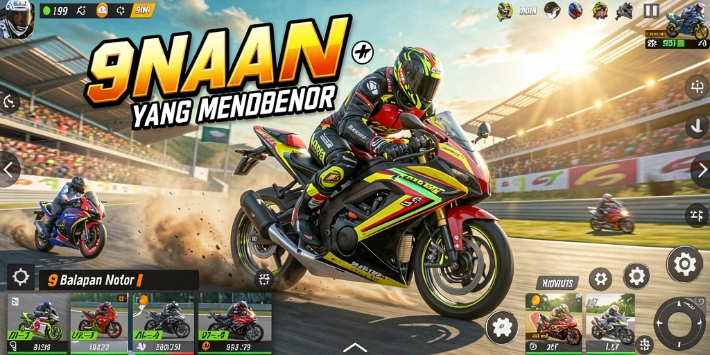 Screenshot gameplay 9N9N yang menampilkan balapan motor yang mendebarkan.