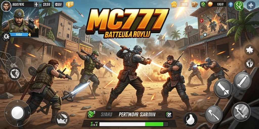 Screenshot utama MC777 memperlihatkan aksi pertempuran seru dalam Battle Royale.