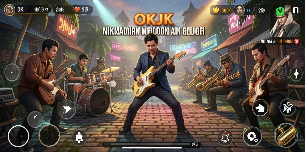 Screenshot utama OKJK yang menampilkan gameplay musik yang interaktif.
