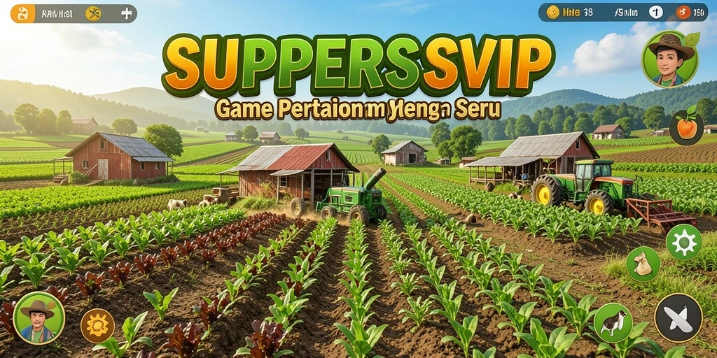 Tampilan gameplay SUPERSVIP dengan ladang yang subur dan hewan ternak.