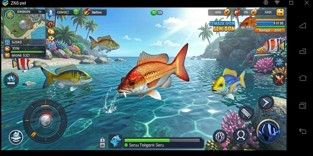 Screenshot menampilkan gameplay ZK6 dengan ikan berwarna-warni dan senjata yang menarik.
